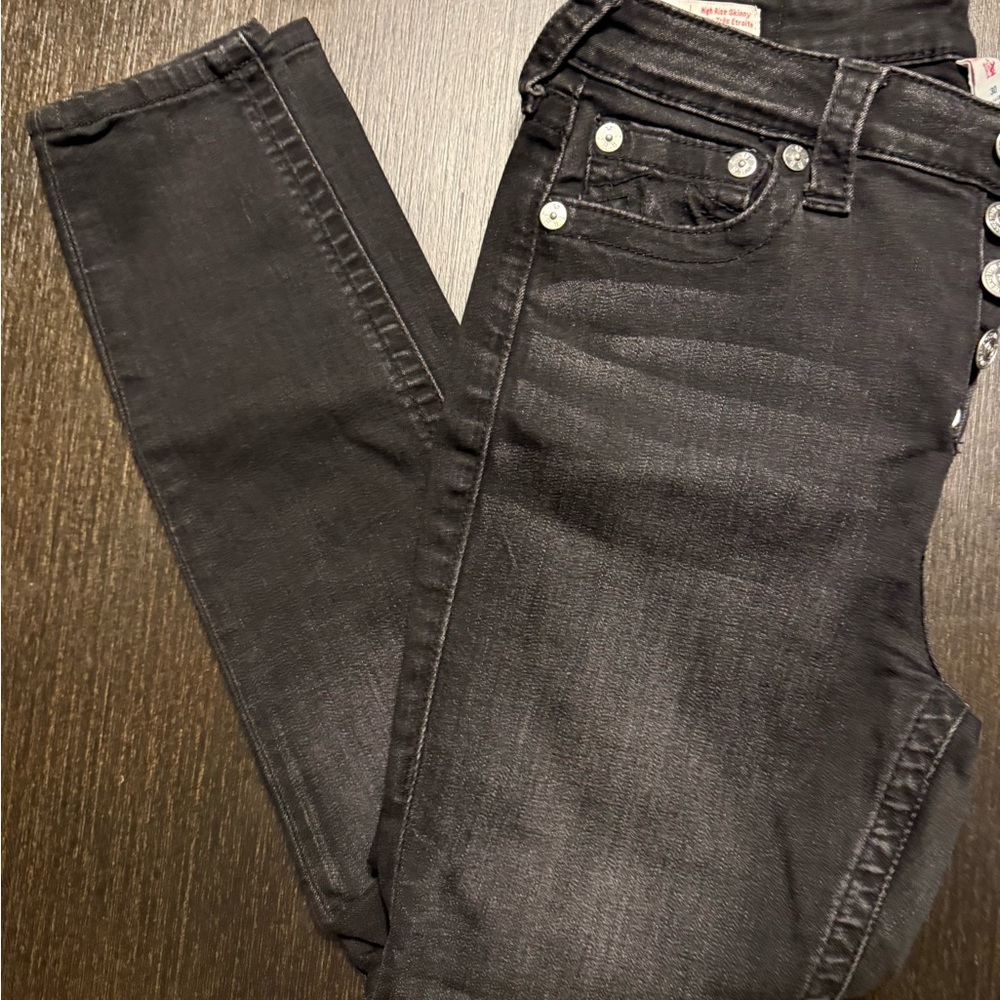True Religion Women's Black Skinny Jeans with Signature Button Fly
